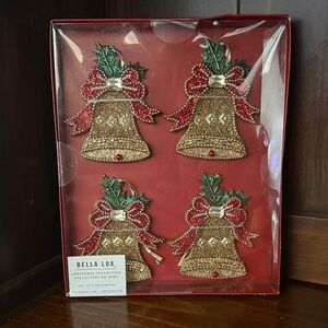 Bella Luxx Gold and Red Bell Ornaments with Green Holly Accents - Set of 4